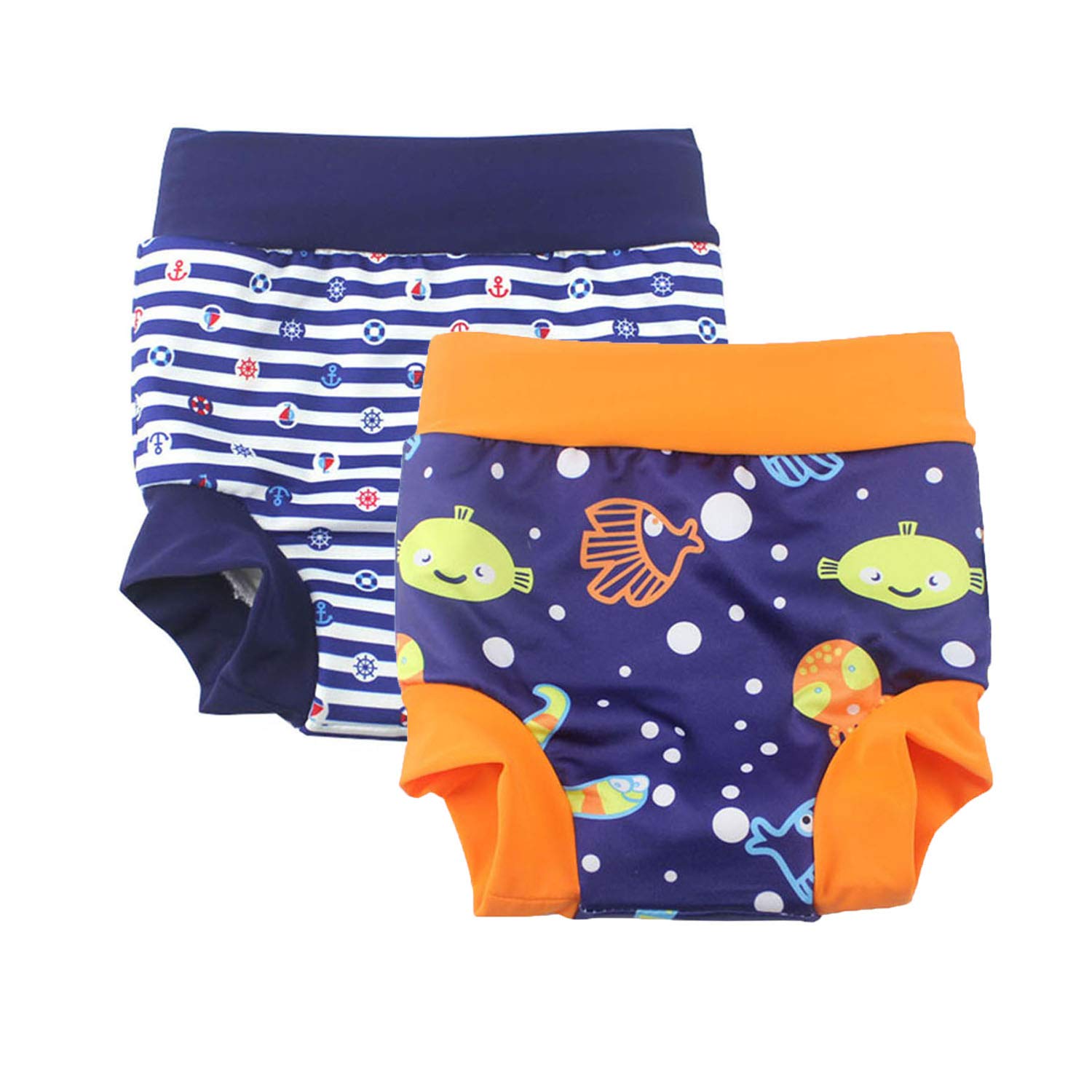 Baby Swim Nappies for Kids Cover Diaper High-Waisted Swimming Shorts (0-2 Years, Navy Stripe+Blue (Fish))