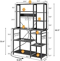 Vista 3 de SUPERJARE Estante grande de panadería con tomas de corriente, soporte para microondas de 6 niveles, barra de café con 12 ganchos en forma de S