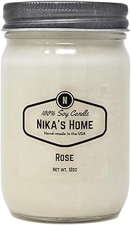 Nika's Home Rose Soy Candle 12oz Mason Jar Non-Toxic White Soy Handmade Long Burning 50-60 Hours Highly Scented All Natural Candles Clean Burning Large Candle Gift Décor