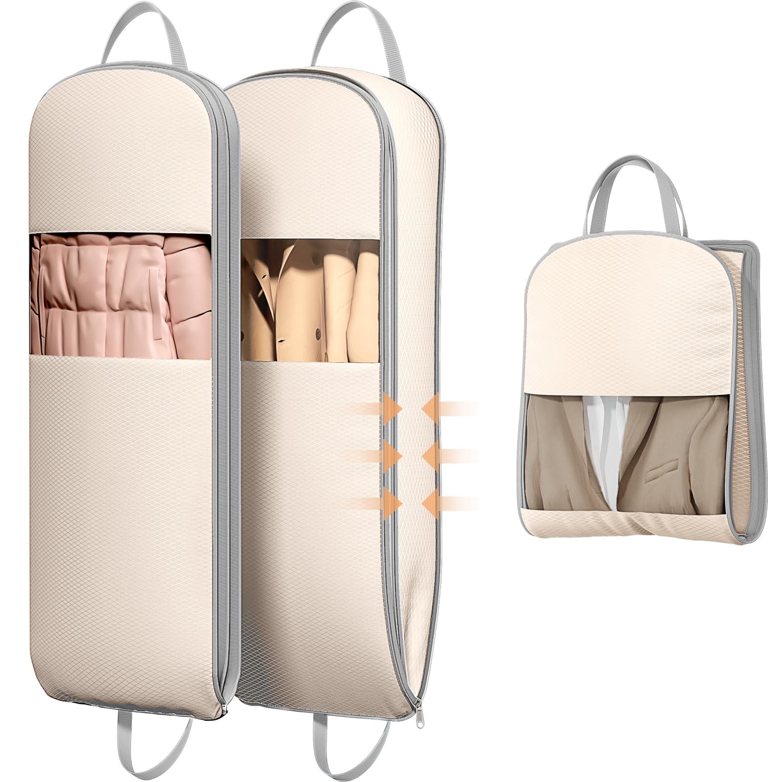 DIMJ 2 Pack 43" Garment Bags for Hanging Clothes - Space Saving Compression Suit Bag Travel with Handles Window, Washable Carry Clothing Storage Cover for Dress, Coats, Down Jacket, Shirts