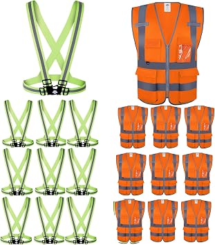 Dazonity High Visibility Safety Vest with Multi Pockets and Zipper, 20pcs,L,Reflective Strip Running Safety Gear, Fit for Men & Women, Work, Construction,Cycling, Runnning, Surveyor, Volunteer