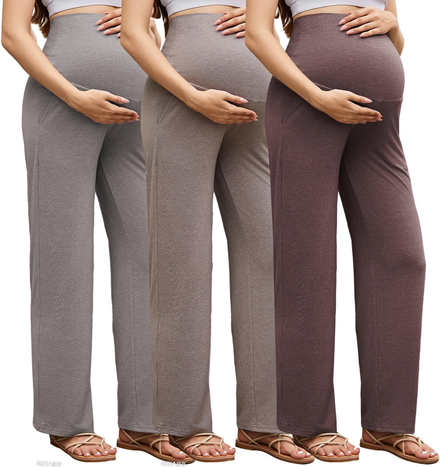 Tjukufpa 3 Pack Women's Maternity Pants Over The Belly Pregnancy Pants Stretchy Loose Wide Leg Lounge Work Pants with Pockets