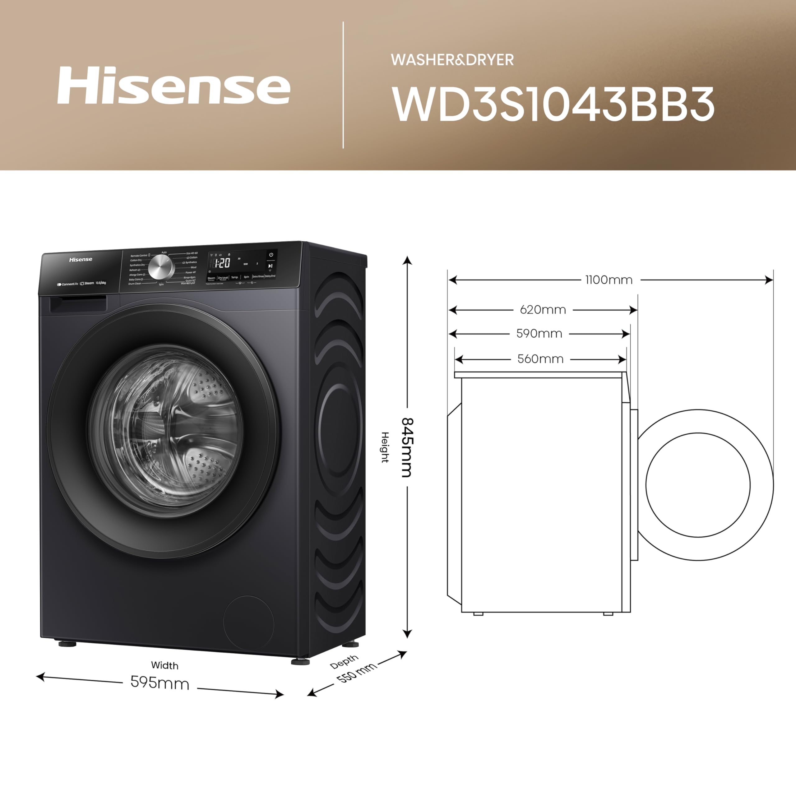 Hisense 3S Series WD3S1043BB3 Wifi Connected 10.5Kg and 6Kg Washer Dryer with 1400 rpm - Black - A-D Rated — view 2