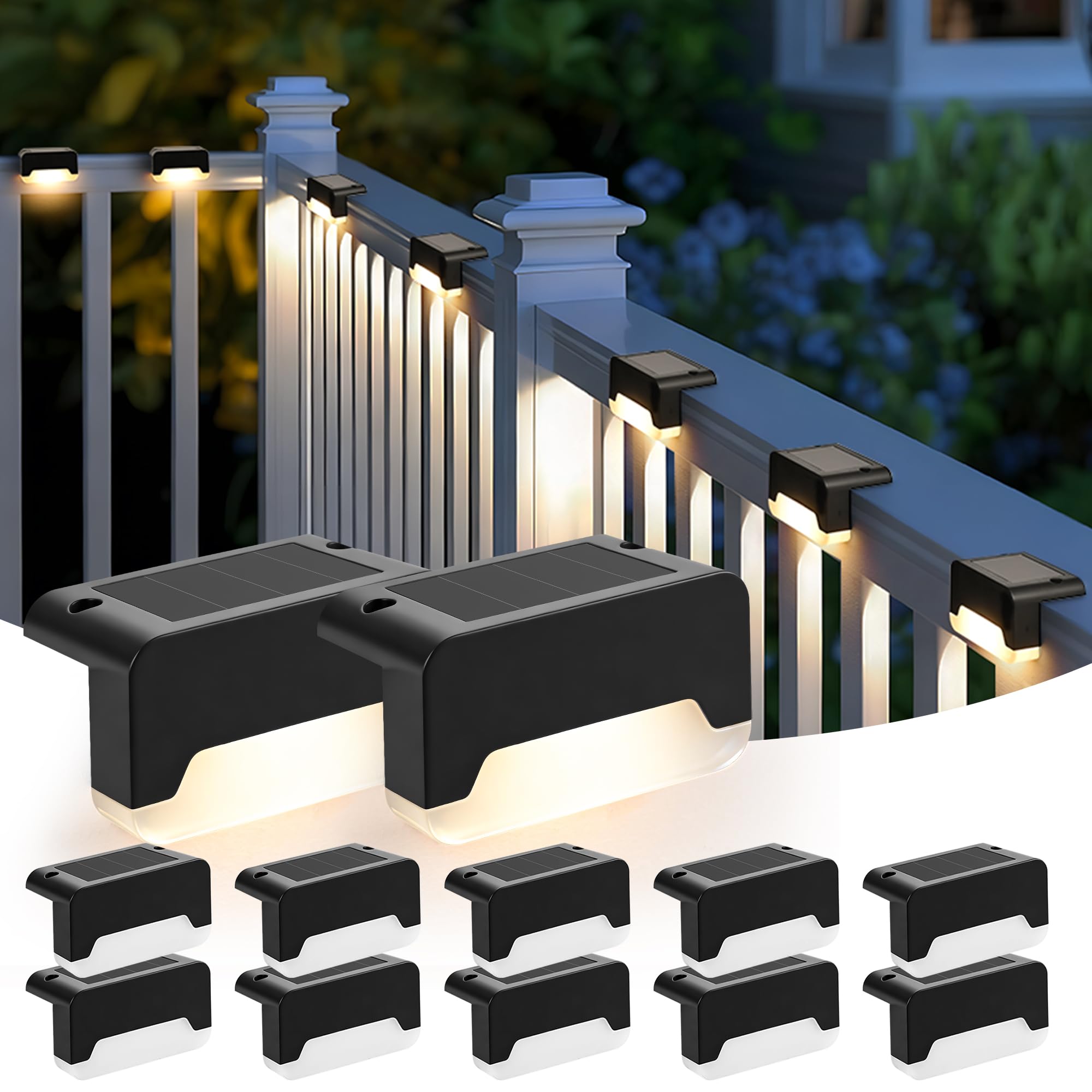 Solpex Luces Solares Para Vallas para Jardín Exterior, Paquete de 12 Luces Solares para Terrazas Exteriores, IP44 Resistentes al agua para Escaleras, Vallas, Patios(Negro, Blanco Cálido)