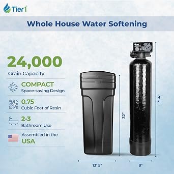 Tier1 Whole House Water Softener System Compact 24,000 Grain for 2-3 Bathroom Homes | Ceramic Valve Technology | 1 Cu Ft High Capacity Resin Tank | Metered Regeneration | Salt-Based Softener