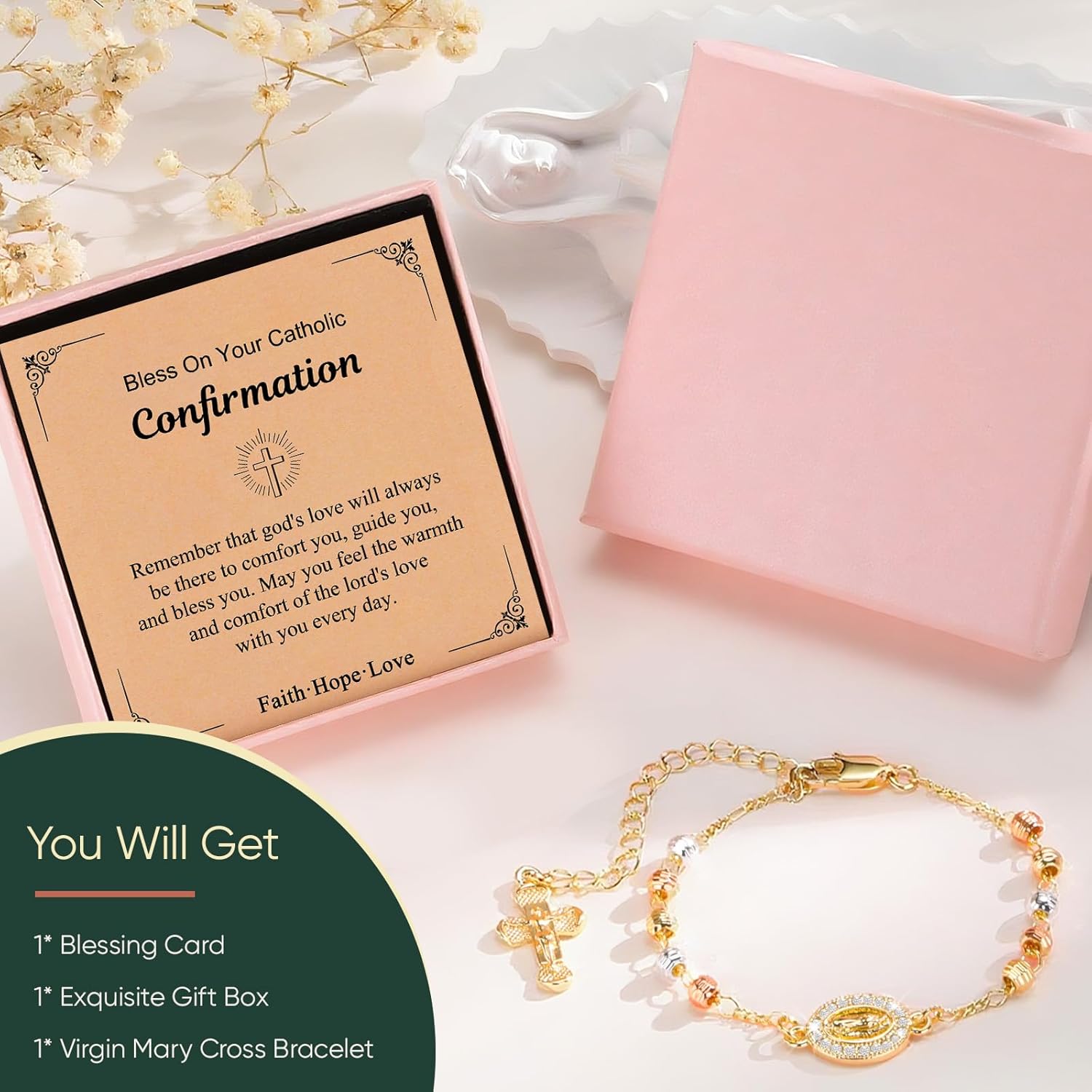 Women's Gold Rosary Beads Bracelet - 14K Gold Plated Virgin Mary Jesus Cross Bracelets,Catholic Crucifix Charm Link Jewelry,Dainty Virgen de Guadalupe Religious Gift for Confirmation First Communion - Image 6