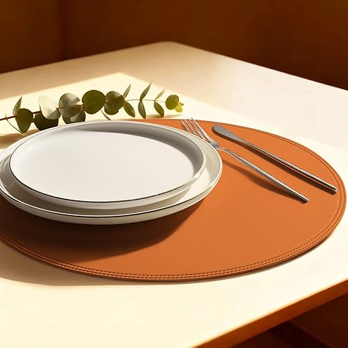 Miniatura 10 de Juego de 6 manteles individuales redondos de vinil azul, impermeables, lavables, de piel sintética, resistentes al calor, para mesa, aptos para Azul