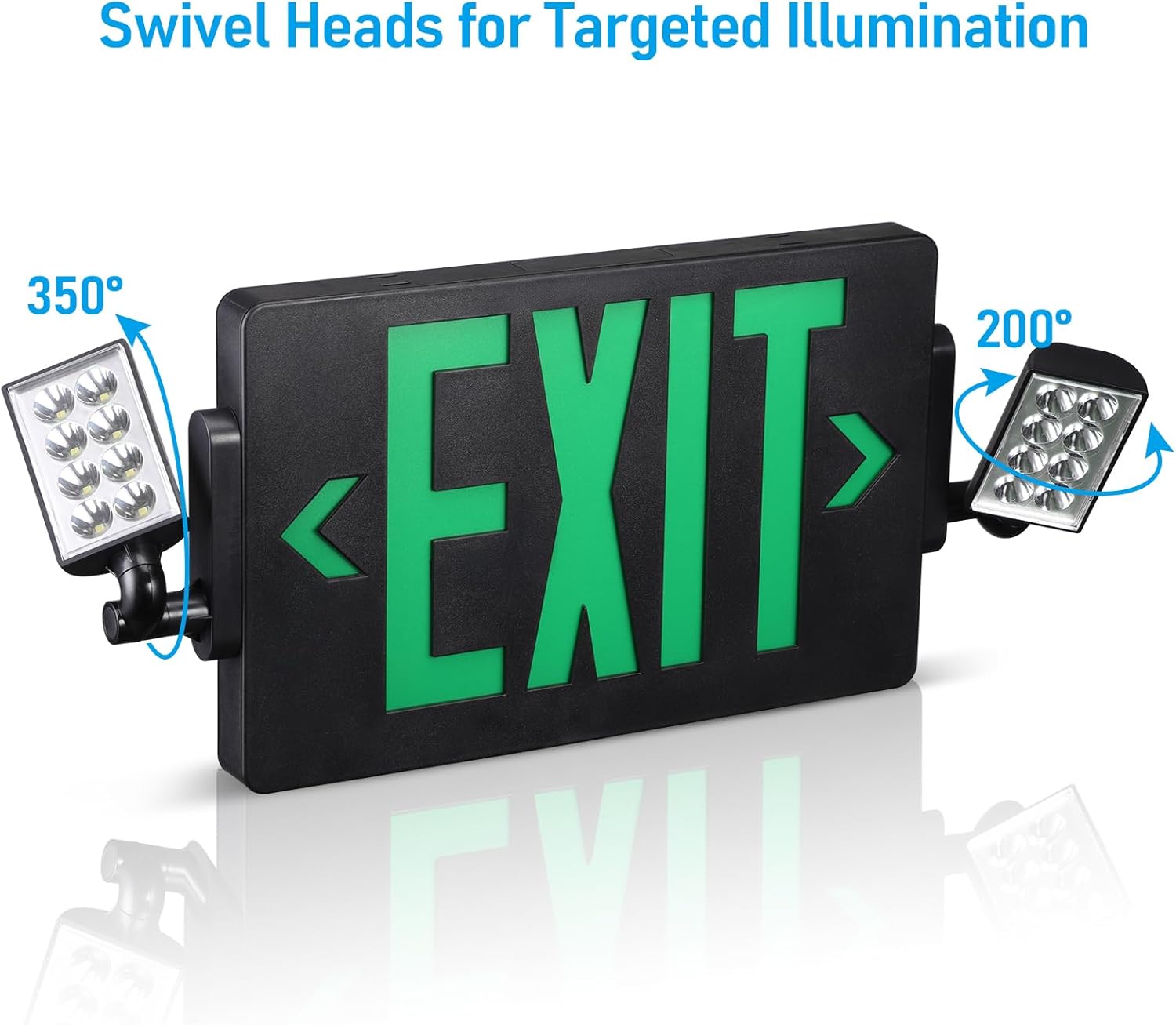 TORCHSTAR LED Exit Sign with Emergency Lights, Two Adjustable Heads, Green Letter Exit Light with Battery Backup, UL&FCC Listed, Double-Sided, AC 120-277V, Wall & Ceiling Mount, Black, Pack of 6