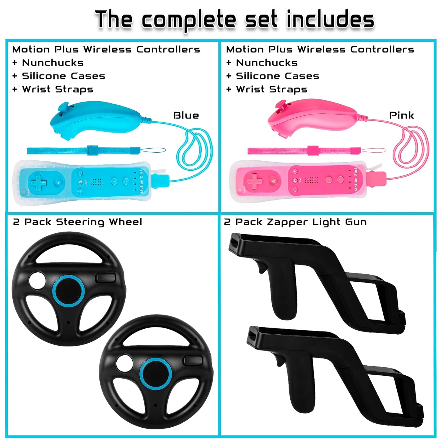 Wii U Deluxe Gaming Set - 2 Pack Black Steering Wheels and Wii Zapper Light Guns + 2 Motion Plus Wireless Controllers with Nunchucks + 2 Silicone Cases & Wrist Straps, Compatible with Nintendo Wii & Wii U Console (Blue & Pink)