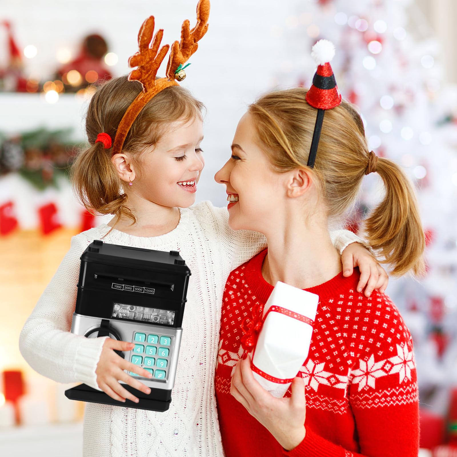 UCAMP Hucha electrónica para niños,Cajero Automático Digital con Contraseña y Recepción Automática de Dinero,Incluye 6 Pegatinas,Destornillador,Regalo para Niños y Niñas de 3 a 12 Años (Negro)