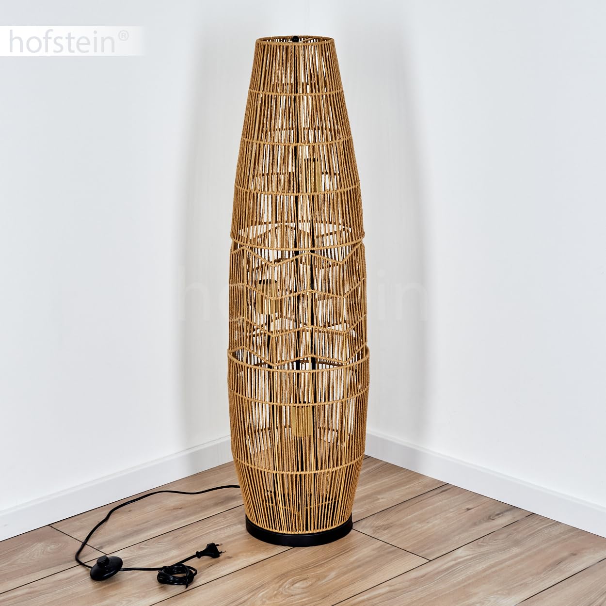 Lámpara de pie Karby, de metal/cuerda en negro/marrón/dorado, diseño boho con pantalla de rejilla (Ø 30 cm), altura 105 cm, interruptor de encendido/apagado en el cable, 3 x E27, sin bombilla
