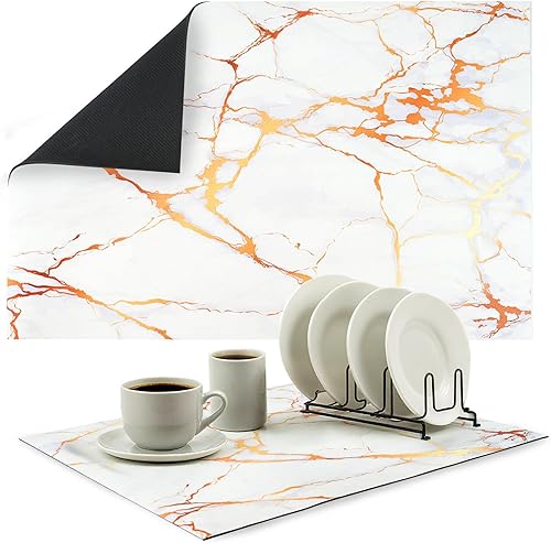 Tapete de café de mármol de goma absorbente para secado de platos para mostrador de cocina, accesorios de barra de café, 16 x 24 pulgadas