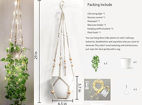 Miniatura 2 de Plantas colgantes falsas con luces, plantas artificiales para decoración del hogar, colgador de plantas de macramé con enredaderas falsas, maceta