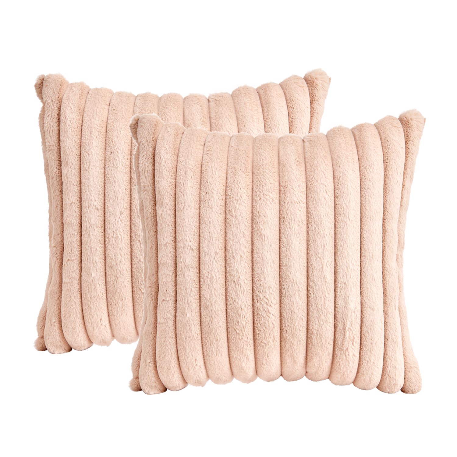 GriNeed Throw Pillow Covers Decorative Faux Fur Set of 2 18x18 Inch Pillow Covers, Soft Beige Striped Pillowcases for Couch Sofa Bed Living Room, Fluffy Cute Home Boho Accent Fuzzy Neutral Decor — image 1