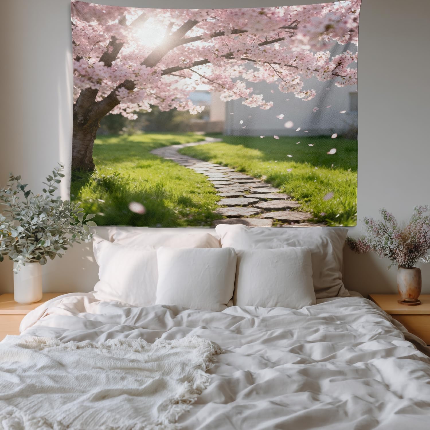 Batmerry Pink Garden the Cherry Blossom Tapestry, Abstract Wall Art Hanging Decoration Polyester Fiber White Ruffled Around for Dorm Room Bedroom Living Room, 59.1x82.7 inches