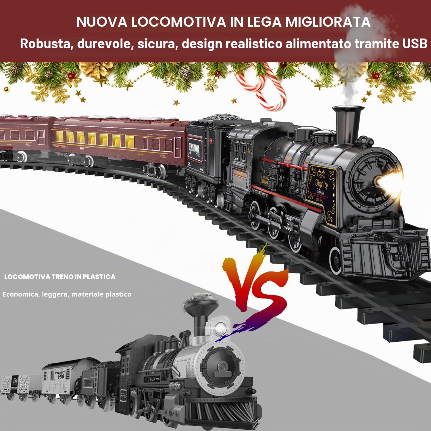 Set di treni per ragazzi in lega di metallo treni elettrici con locomotiva a vapore, kit ferroviari con fumo, luce e suoni regali di compleanno per bambini 3 4 5 6 7 8 anni + anni rosso