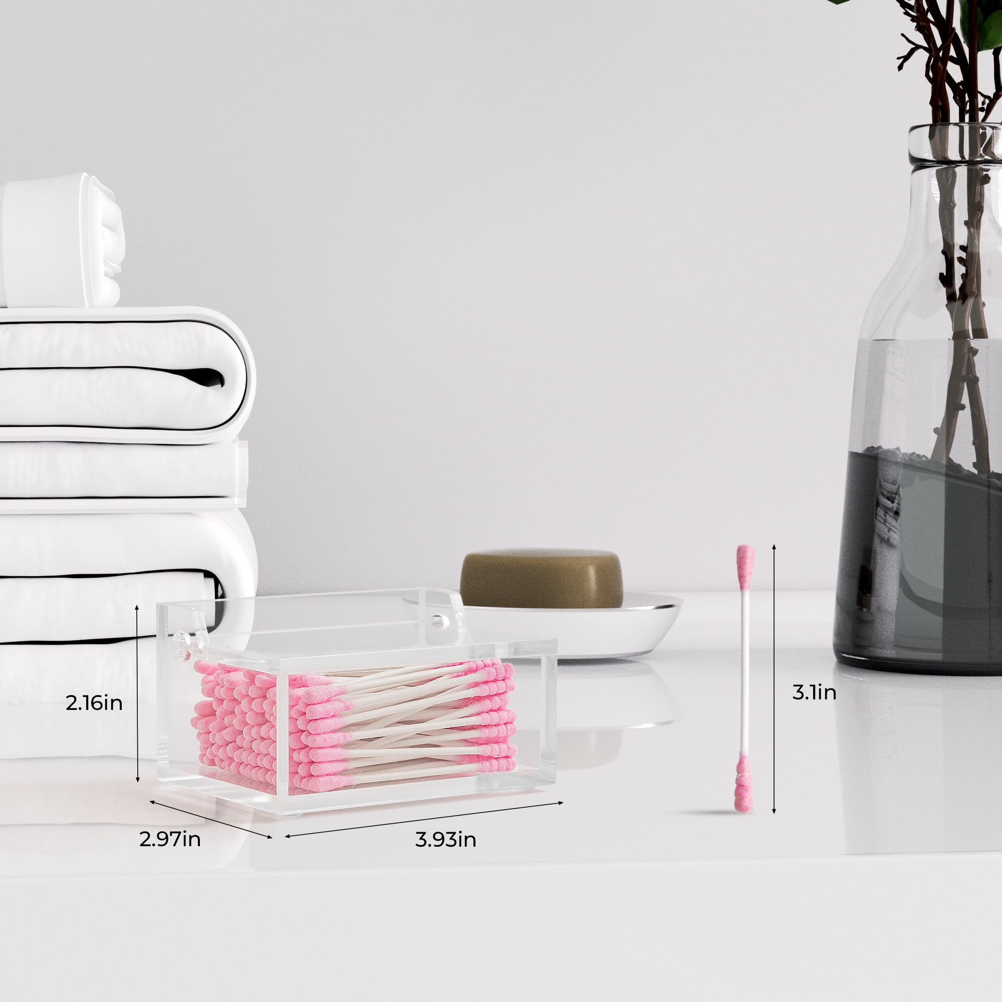 Qtip - Dispensador con tapa, organizador de bolas de algodón, organizador de hisopos de algodón acrílico transparente, soporte cuadrado para almohadillas de maquillaje, estuche de