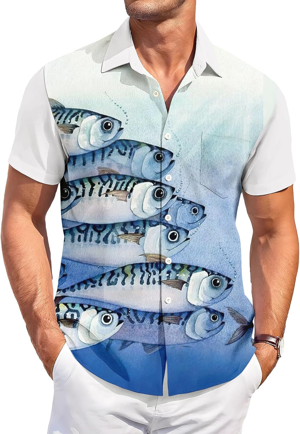 Men's Hawaiian Shirt,Ocean Print Shirt, Funny Short Sleeve Button Down,Regular Fit - Image 2