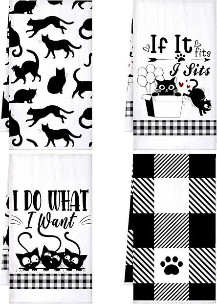 Kajaia 4 Pcs Funny Cat Kitchen Towels Cat...