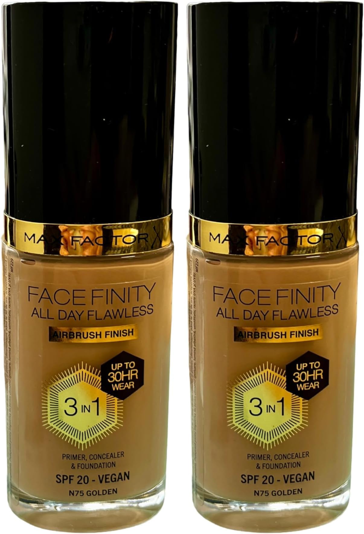 Facefinity All Day Flawless 3 in 1 Liquid Foundation, Lightweight Oil Free Formula with SPF 20, 075 Golden, 30 ml (Pack of 2)