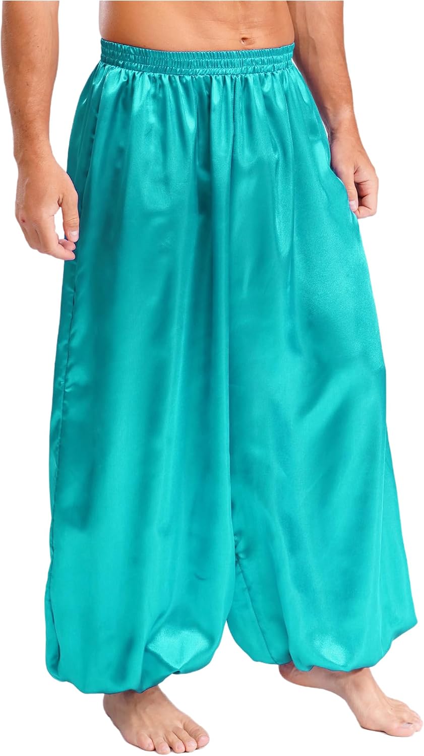Men's Harem Pants Arabian Prince Costume Loose Baggy Trousers | Glossy Shiny Smooth, Elastic Waistband, Long Bloomers, Ankle Cuffs Bottoms, for Halloween Cosplay, Dance Performance