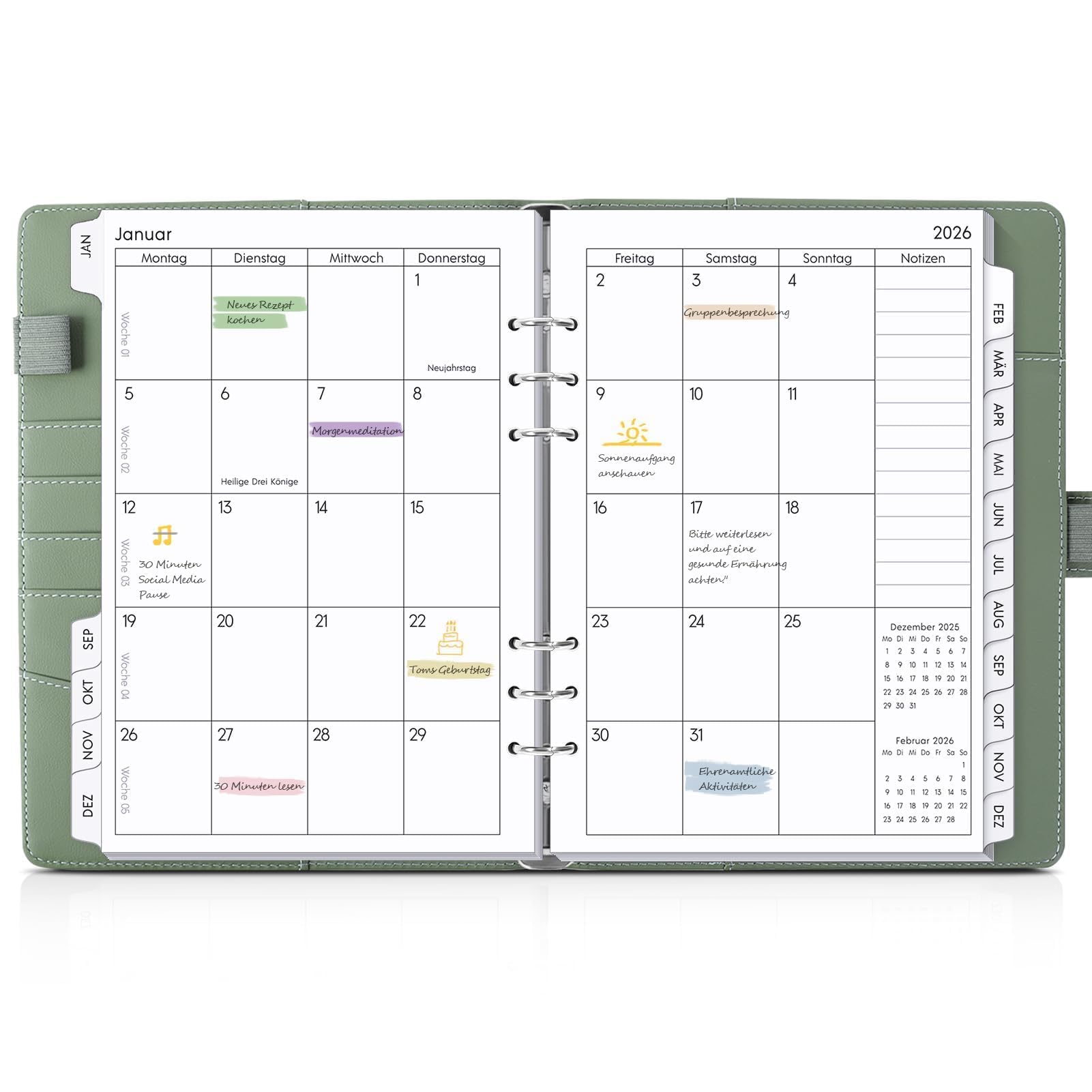SKYDUE Kalender Ringbuch A5 Nachfüllbar,Ringbuch A5 Nachfüllbar, Planer 2026, Terminplaner 2026 Perfekt Für Schüler Und Berufstätige(Olivgrün)