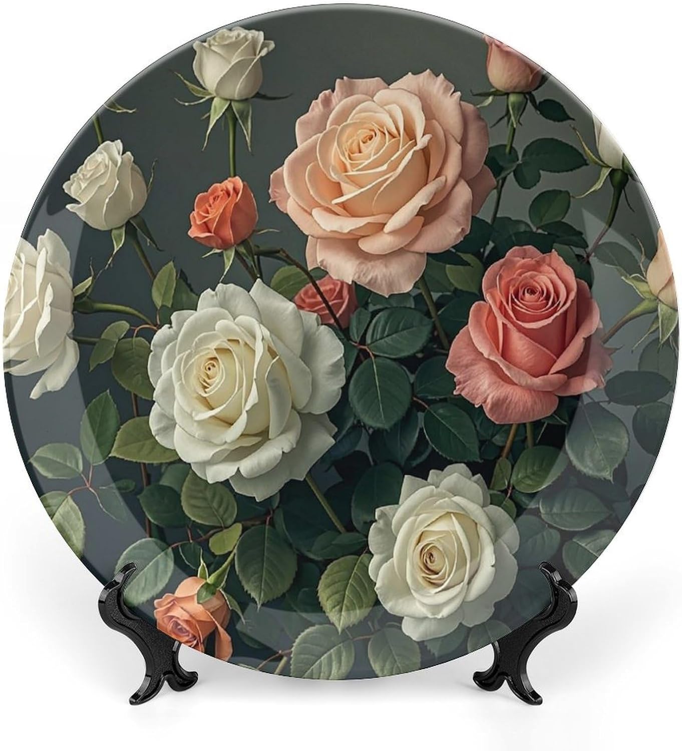 Roses Print Decorative Ceramic Plate Round Porcelain Plate Decor Personalized Bone China Decorative Plates Ceramic Ornaments Dessert Plates with Display Stand 8inch