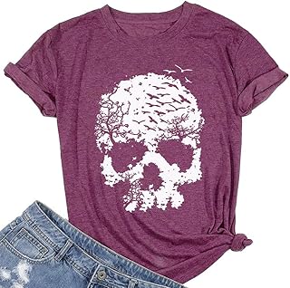 Skull Shirts for Women Skeleton Funny Gothic Graphic Casual Short Sleeve T-Shirts Novelty Horror Tee Shirts