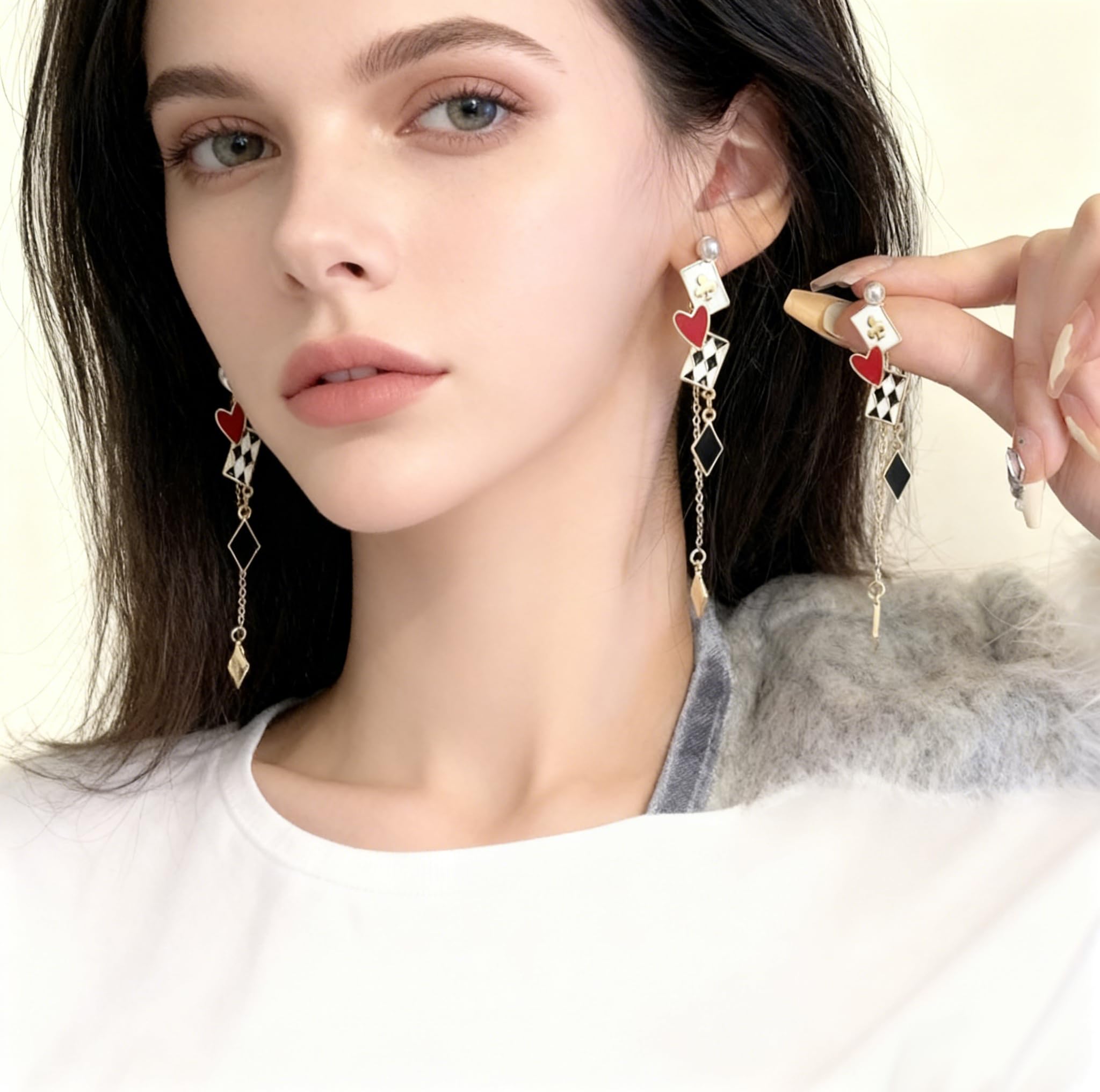 Unique Poker Earrings for Women Creative Playing Cards Ace Hearts Clock Funny Long Dangle Earrings Gambling Casino Jewelry Gifts