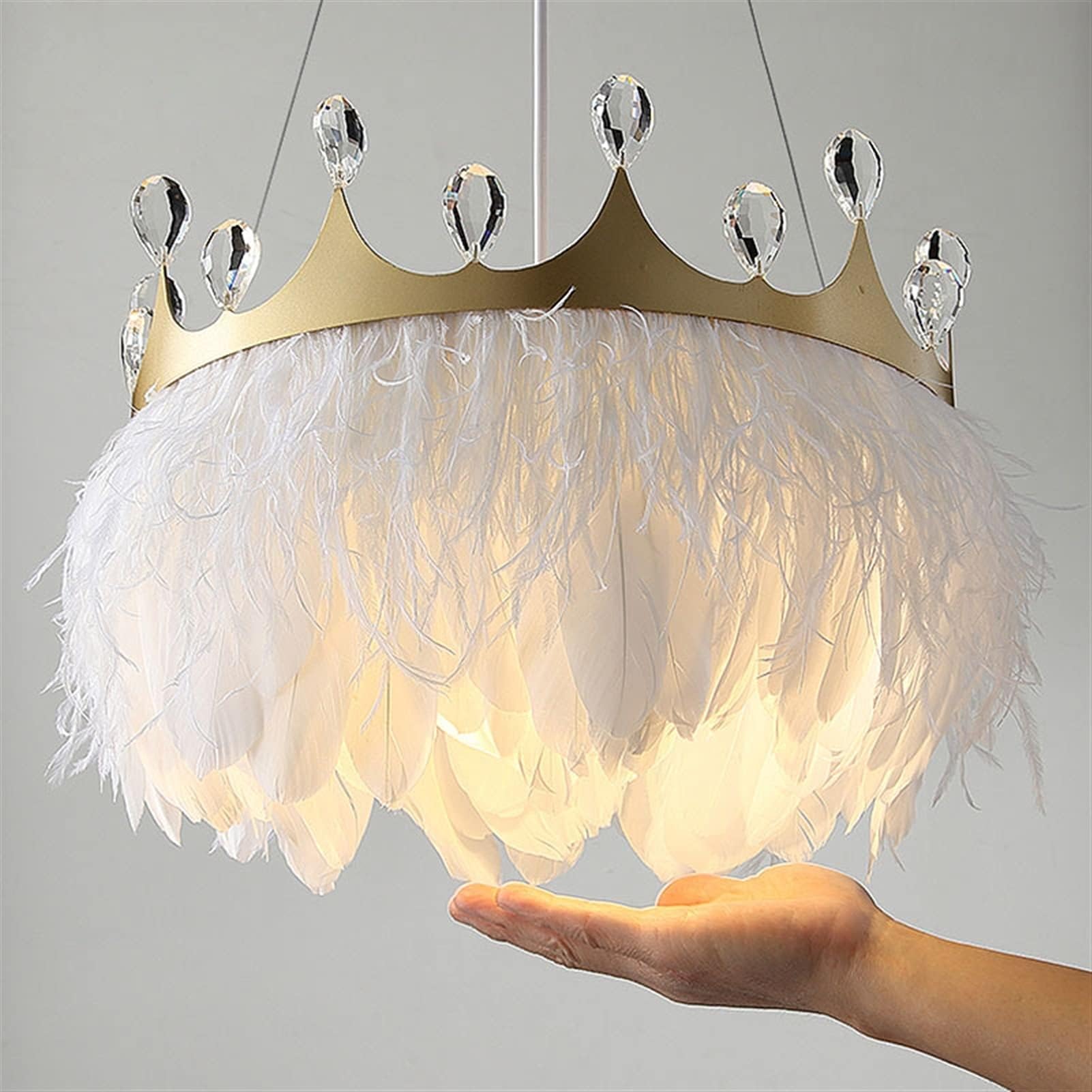 DHKDQQWModern White Feather Pendant Lights Gold Crown Girl's Room Hanging Lamp with Crystal Decor Compatible with Bedroom AC110V 220V Fixture A wise choice