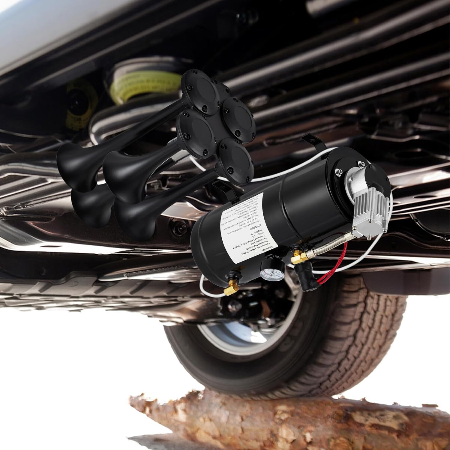 150DB Train Horns Kit for Trucks & Cars - 4 Trumpet Air Horn with 120 PSI Compressor & 0.8 Gallon Tank, 12v Super Loud Horn Kit for Pickup, Motorcycle, SUV, RV, Van, Boat (Upgrade Your Vehicle Warning