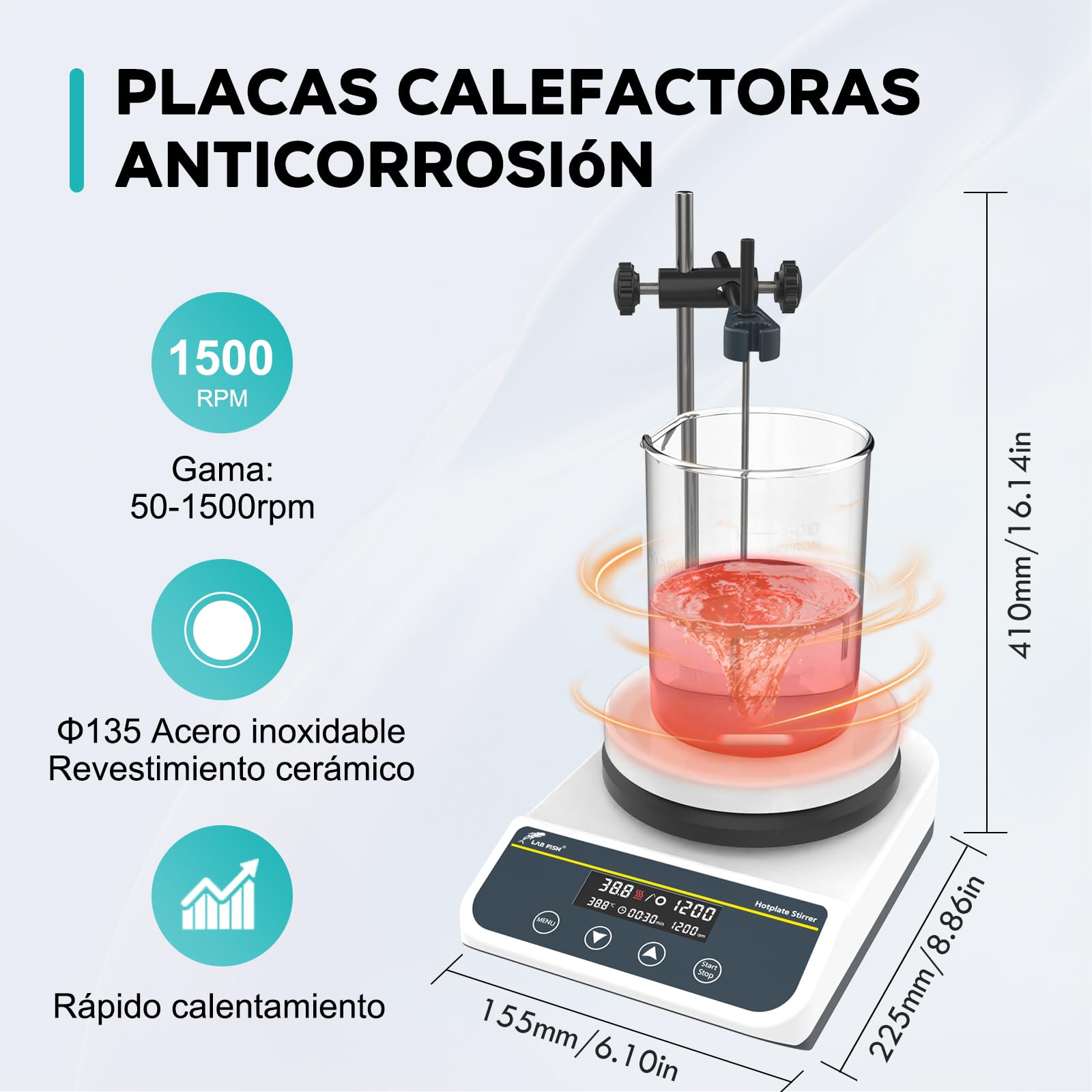 LABFISH Laboratorio Agitador Magnético Placa Calentadora 310℃/ 590℉ 5 Pulgadas Agitador Magnético Digital 3L Ajuste de Temporizador 50-1500rpm, Sensor de Sonda y Barra de Agitación Incluidos