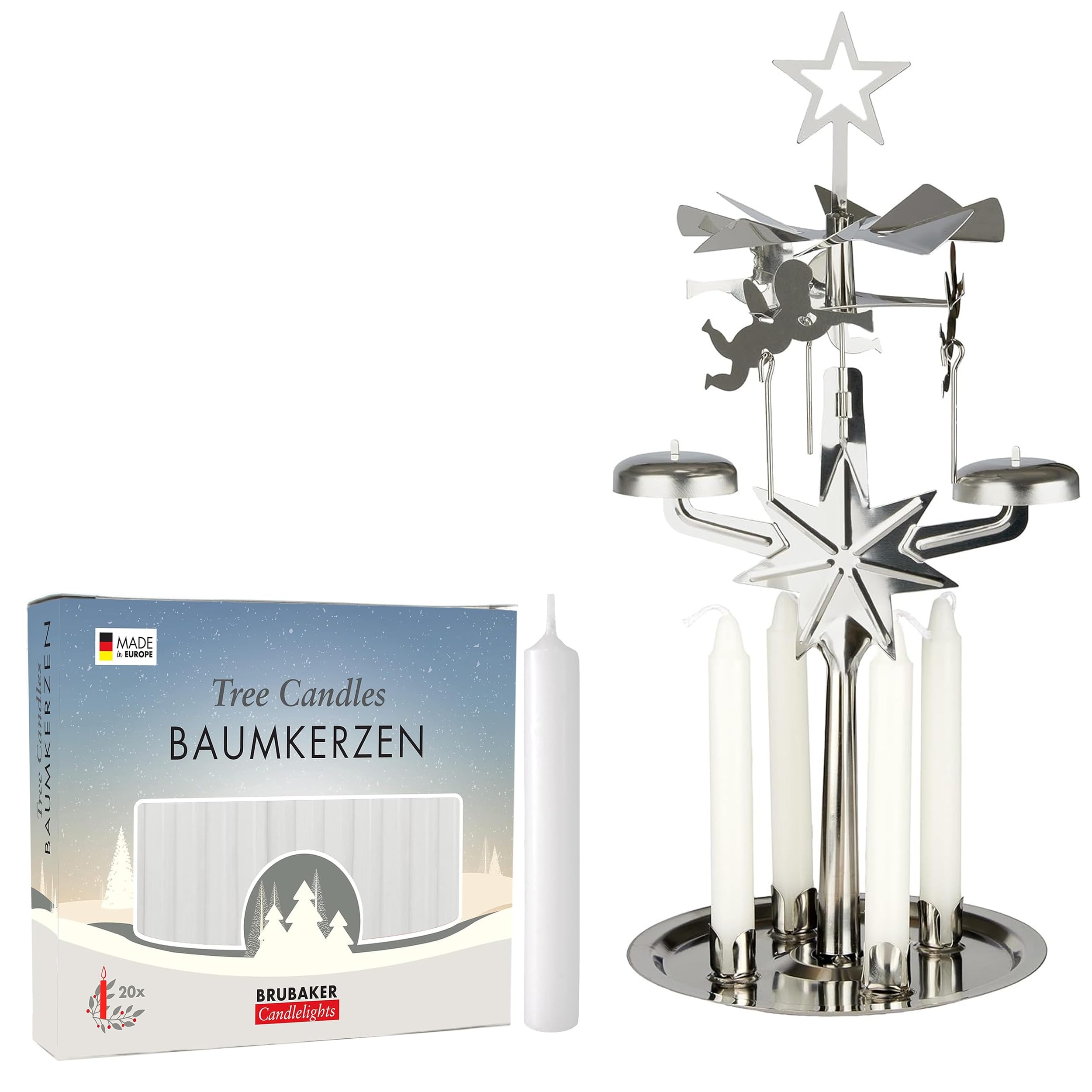 Brubaker Chimes With Pack Of 20 Candles - White Metal Chime Lights Incl. Pack Of 20 White Candles - Carousel Candle Holder With Angels - Rotating Table Pyramid - Christmas Pyramid For Seasonal Festive Decor - Silver