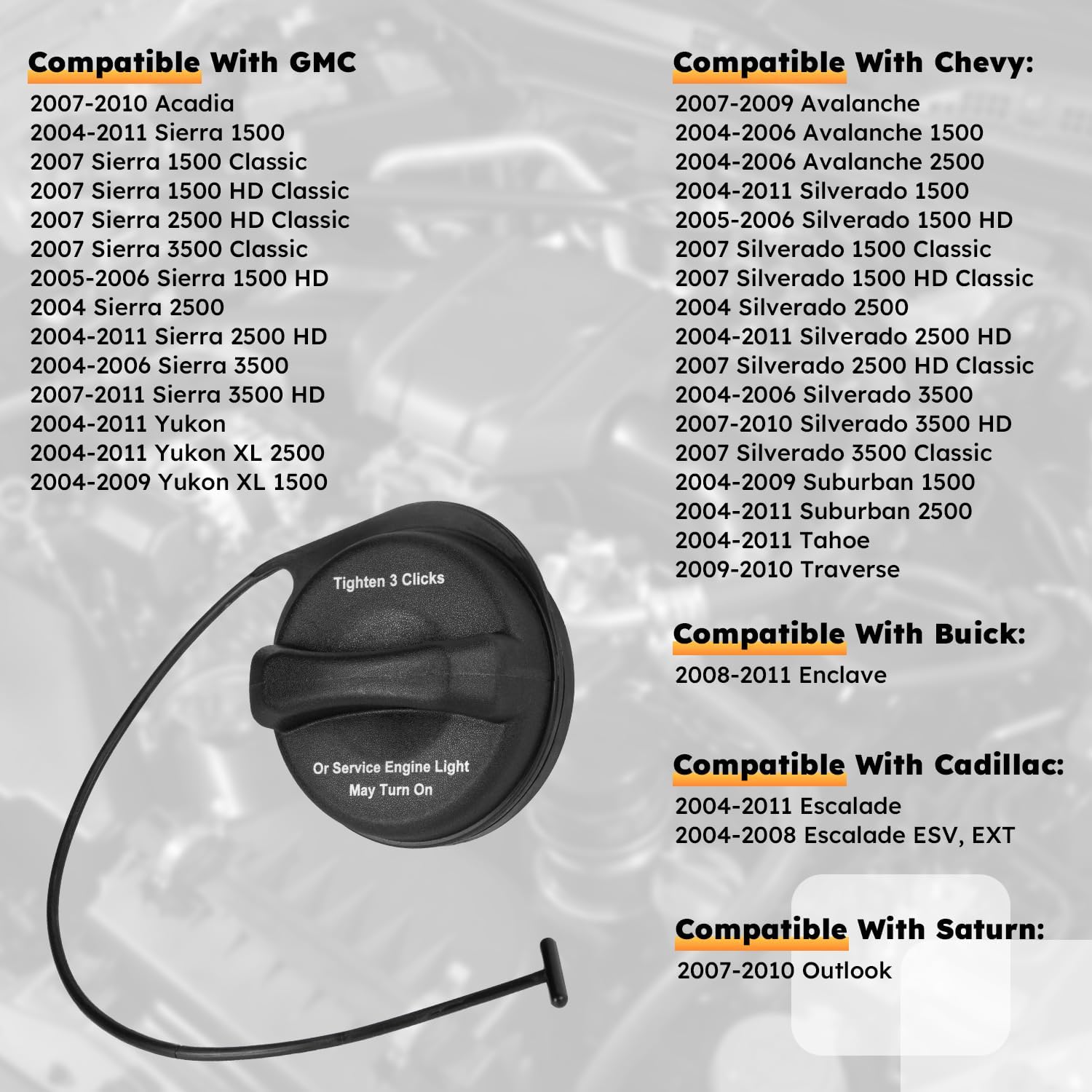 Gas Cap, Fuel Cap Compatible with 2002-2011 GMC Sierra, Yukon, Acadia, Chevy Silverado 1500, Tahoe, Suburban, Avalanche, Buick Enclave & Cadillac Escalade | GT330, 20915842
