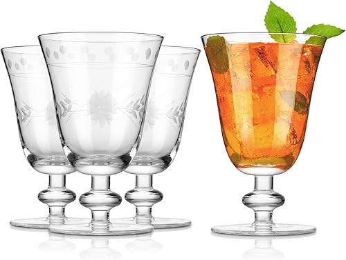 Royalrose Premium Delight - Juego de 4 copas de vino vintage, 10 onzas, sopladas a mano con tallo grabado, cristalería clásica para bodas, cenas y