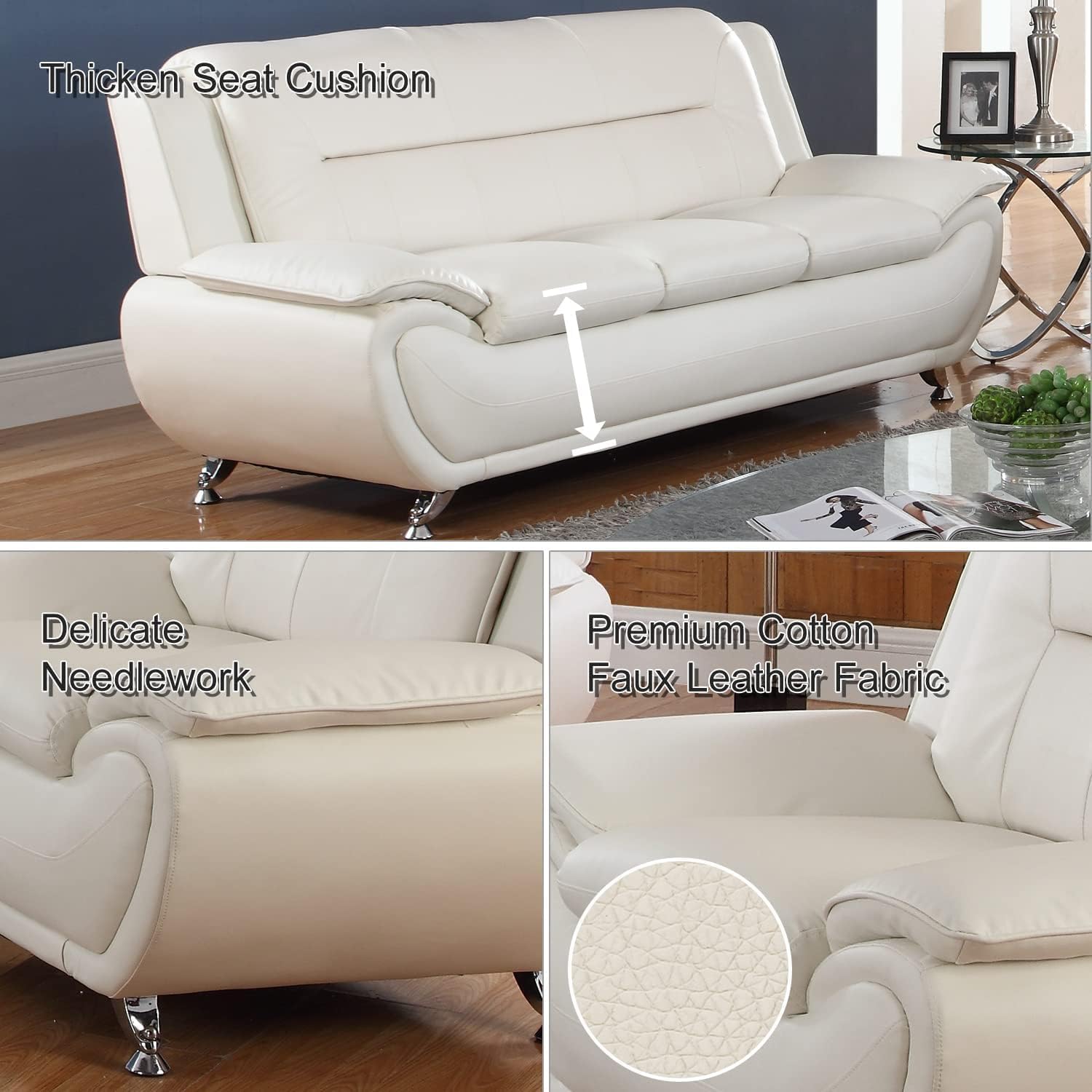 Contemporary Living Room Furniture Set, Faux Leather Sofa Set for Living Room/House/Bedroom/Office/Apartment (Creamy White, Sofa,Loveseat), F45&F46