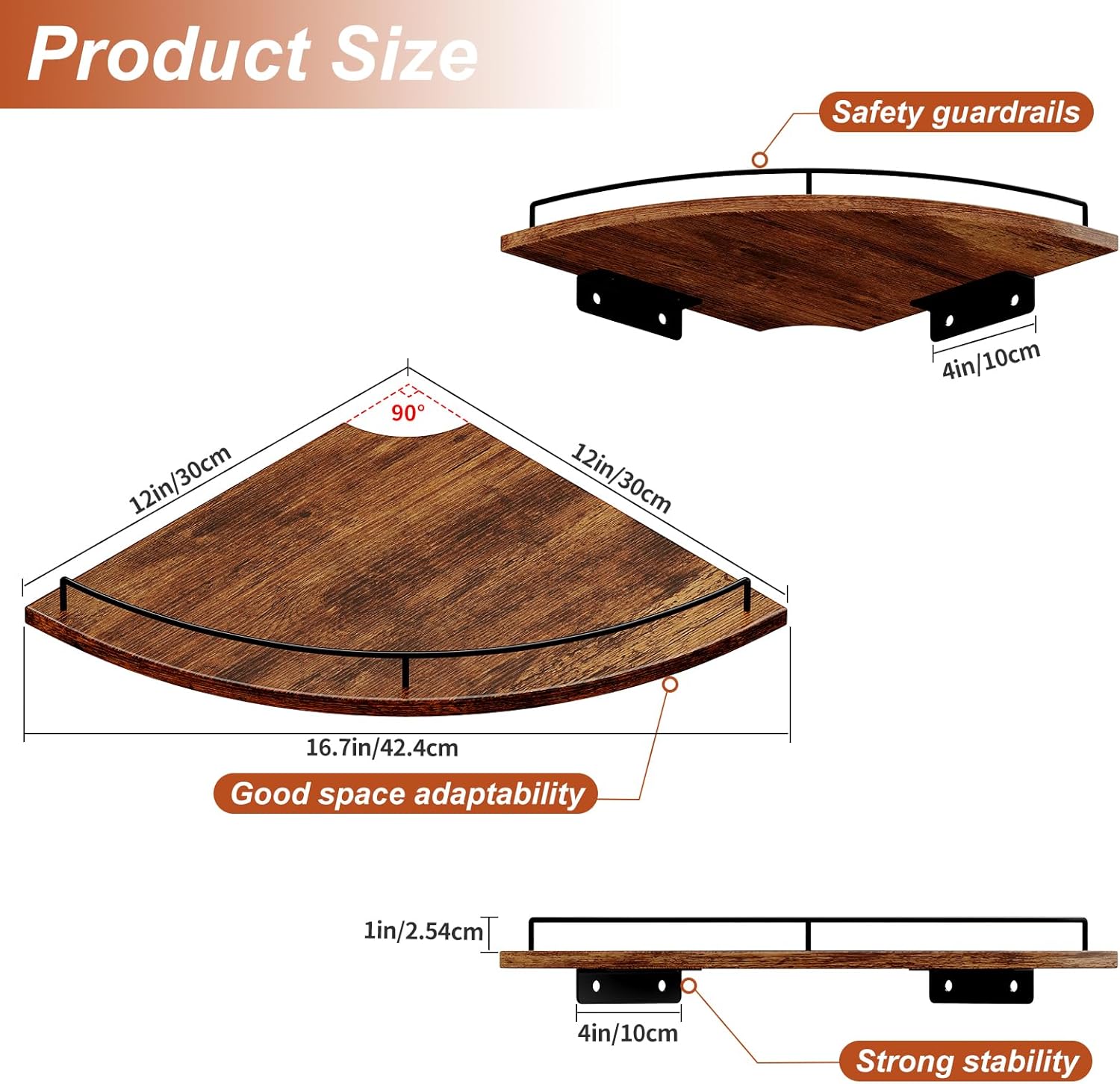 JJL Corner Shelf Wall Mounted, 12 Inches 2-Tier Floating Corner Shelf, Fan-Shaped Rustic Wood Decor with Fence, Brown Storage Organizer for Apartment Bedroom Kitchen Bathroom