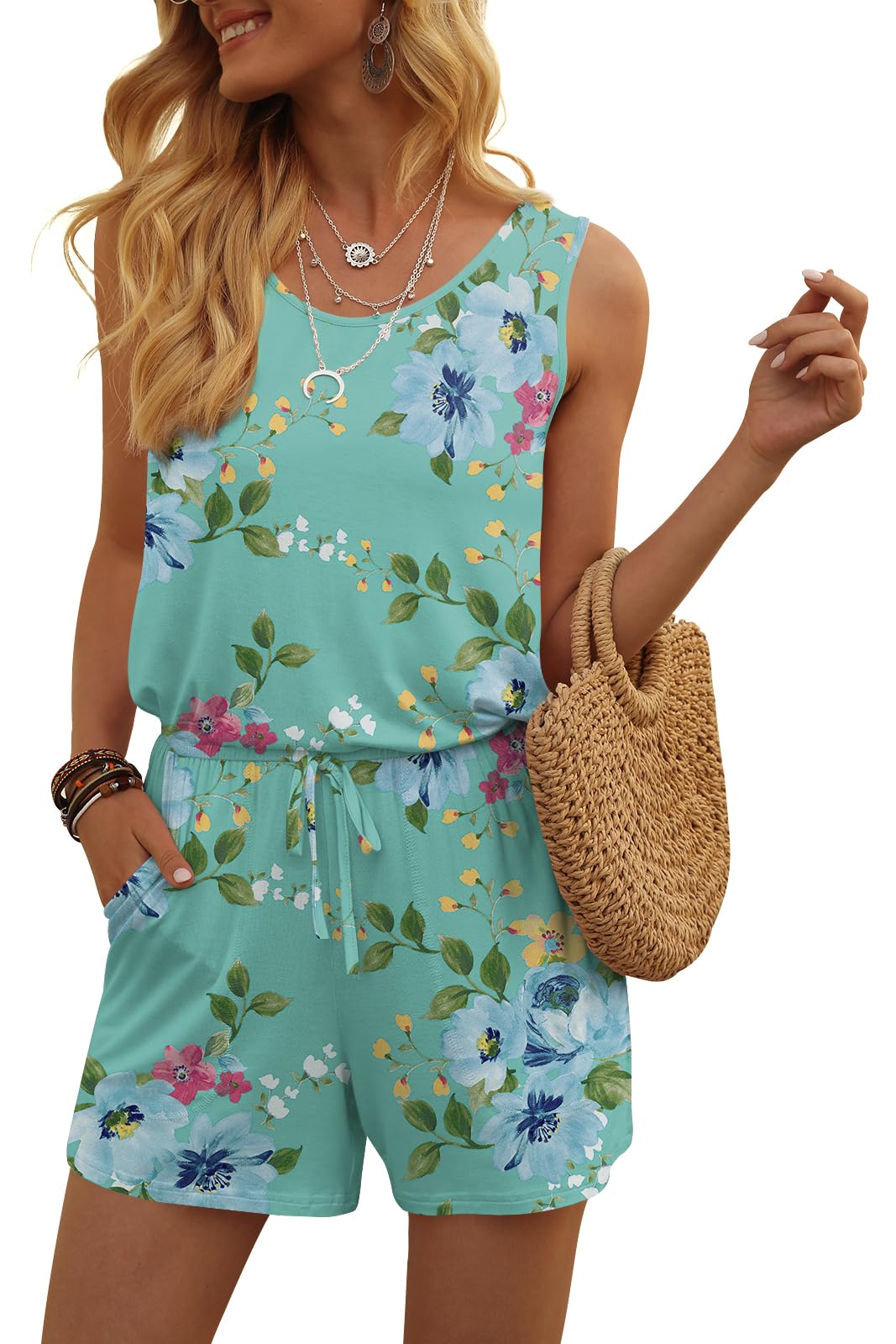 DouBCQ Womens Summer Casual Sleeveless Loose Jumpsuits Romper with Pockets