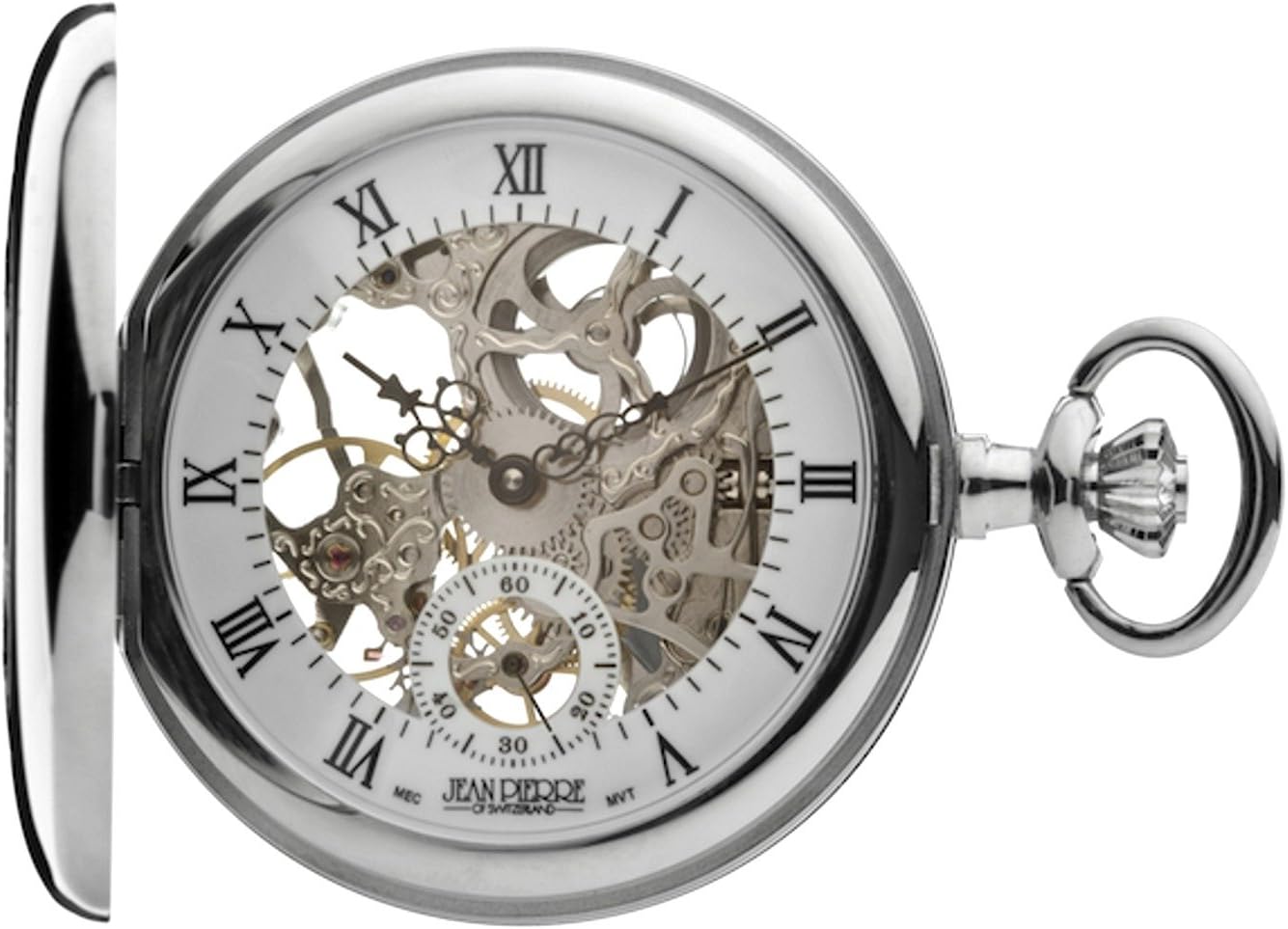 Jean Pierre Chrome Half Hunter Mechanical Skeleton Pocket Watch. LWF_G303CM