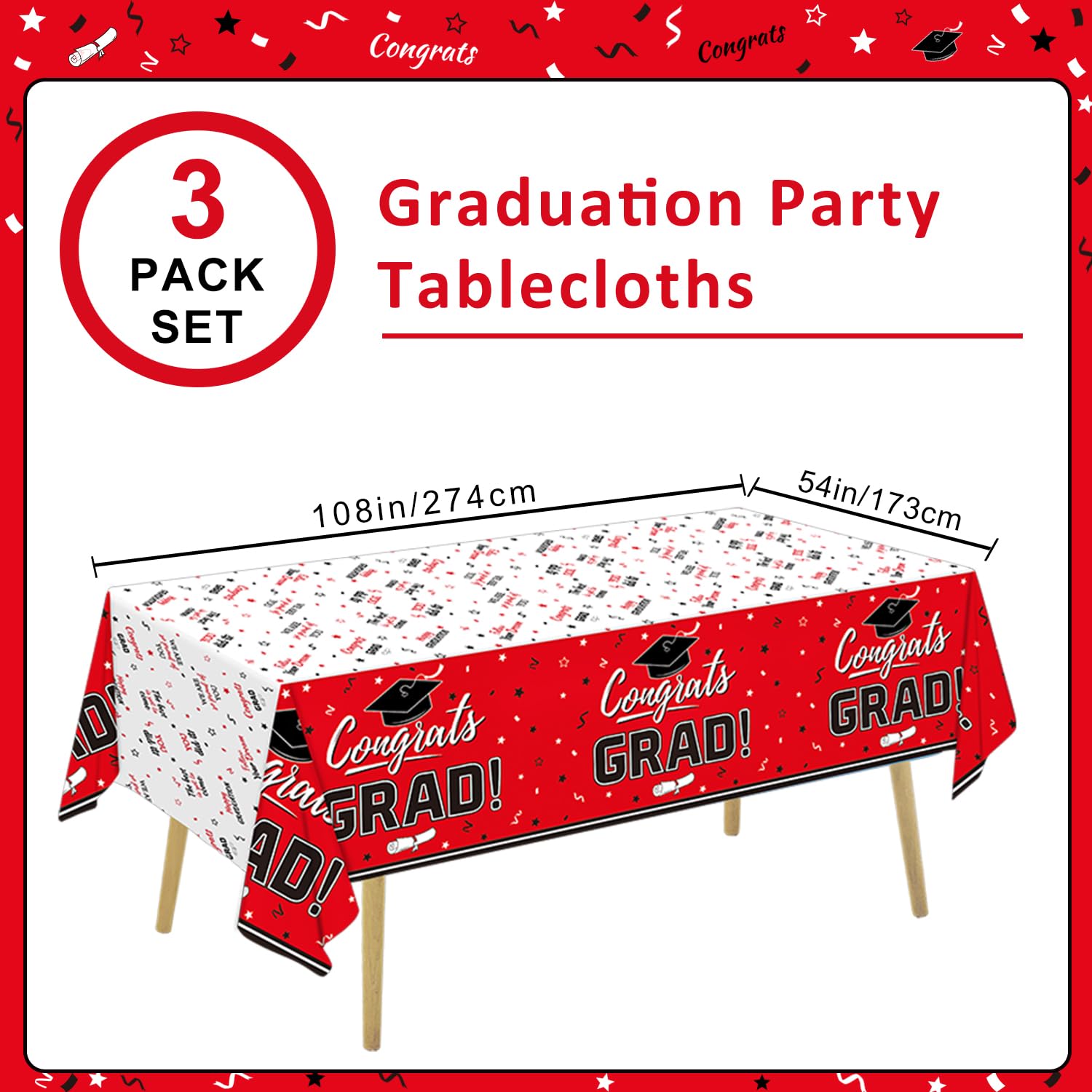 Oigco Graduation Decorations Congrats Grad Graduation Tablecloth for 2024 Graduation Party Supplies, 3 Pack Class Red Plastic Table Cloths, 54