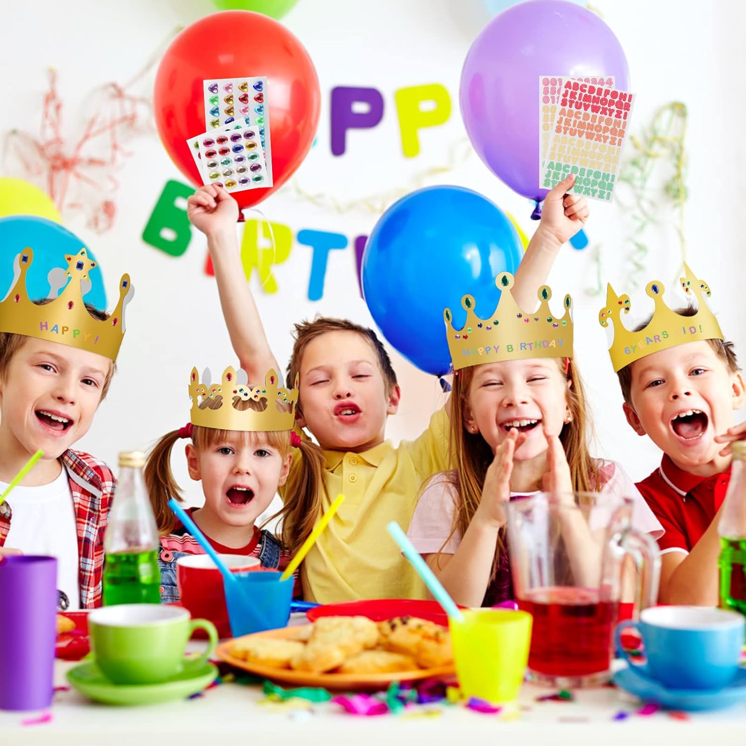 34 Pieces Paper Crowns Princess Prince Crown Golden Paper Crowns Gem Jewels Number Letter Stickers for Kids Adults Birthday Party Decorations