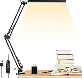 ENOCH Lâmpada de mesa com braço oscilante de metal LED com braçadeira, 3 modos de cuidado com os olhos de 14W, 30 modos de brilho, regulável de 30 graus, função de memória/adaptador USB, luminária de mesa de arquiteto para escritório em casa