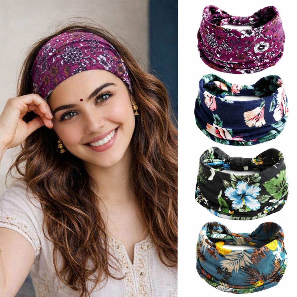 Headbands for Women, Floral Print Headband, Wide Knotted Design, Soft Breathable Fabric, Multi-Purpose Hair Accessory and Sports Sweat Towel (Multicolor Pack of 4)-image-40