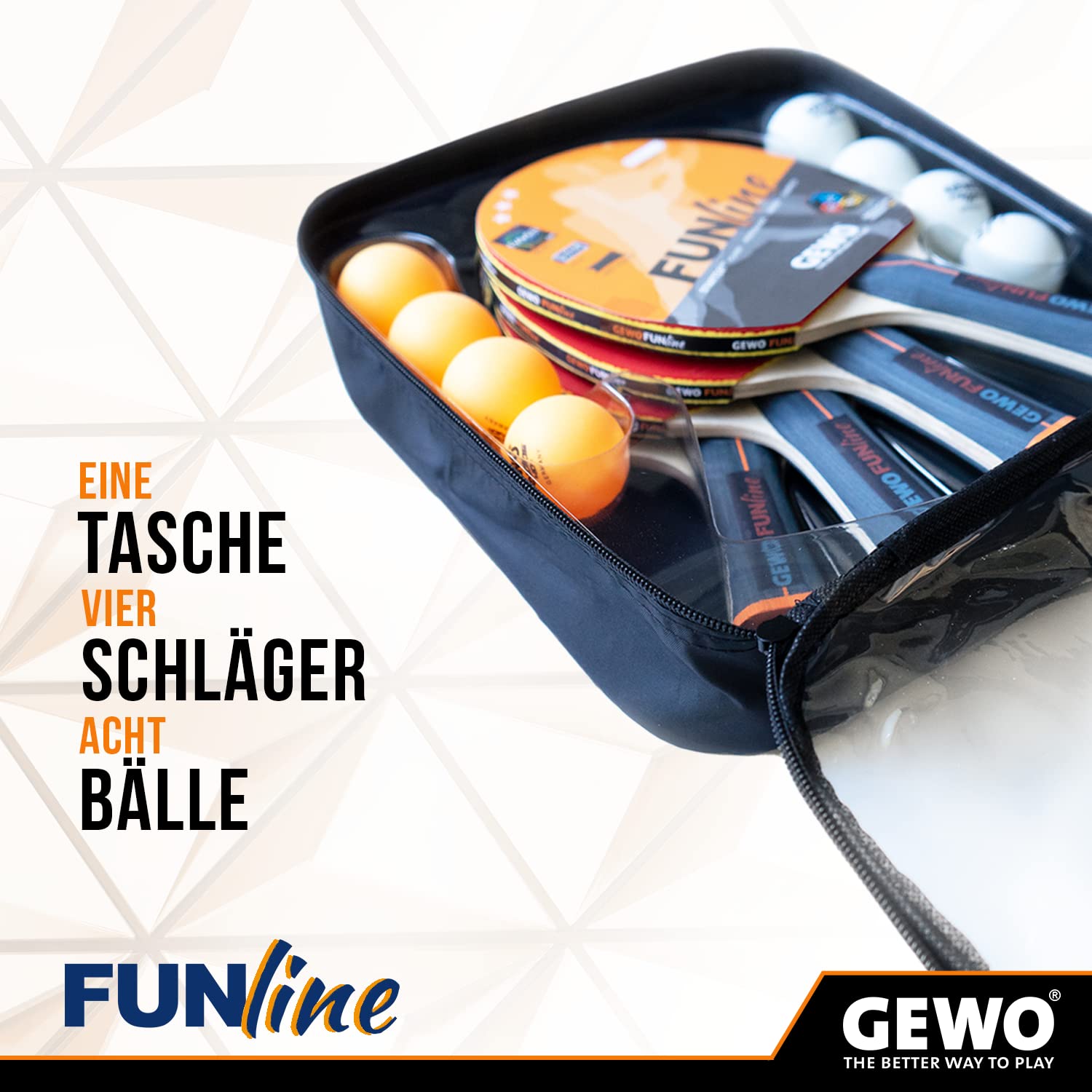 GEWO Family & Friends Set di racchette da ping pong – 4 racchette da ping pong per hobby e tempo libero con 8 palline TT e pratica custodia – racchetta completa con rivestimento Raver, manico concavo