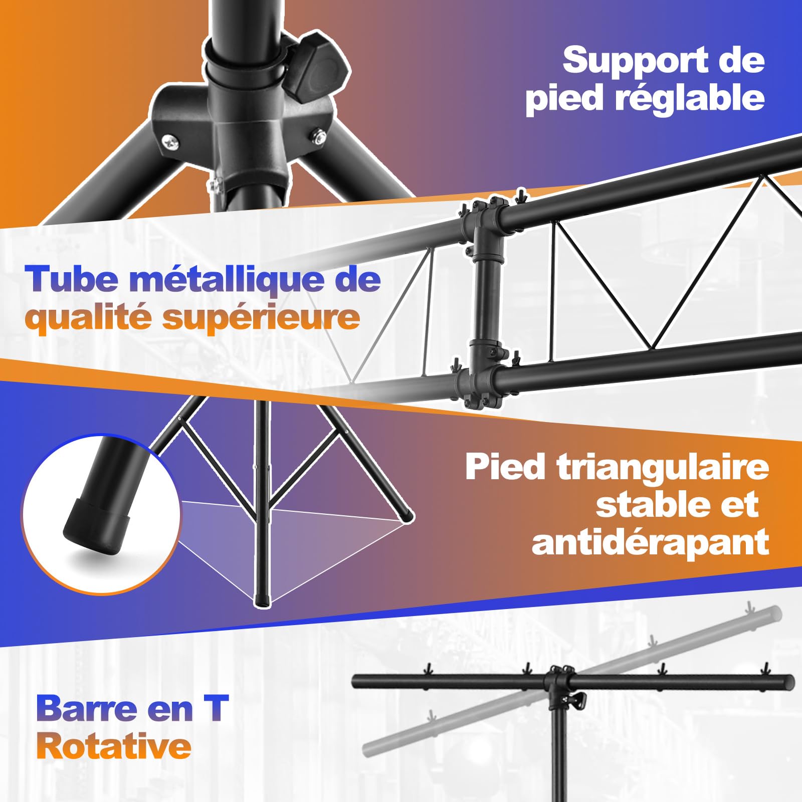 COSTWAY Support d'Éclairage LED avec Hauteur Réglable 180 à 350 cm Charge 100KG, Support de Lumière Trépied Portable avec barre en ‘T’, pour Scène Concerts Théâtres Cérémonies Fêtes
