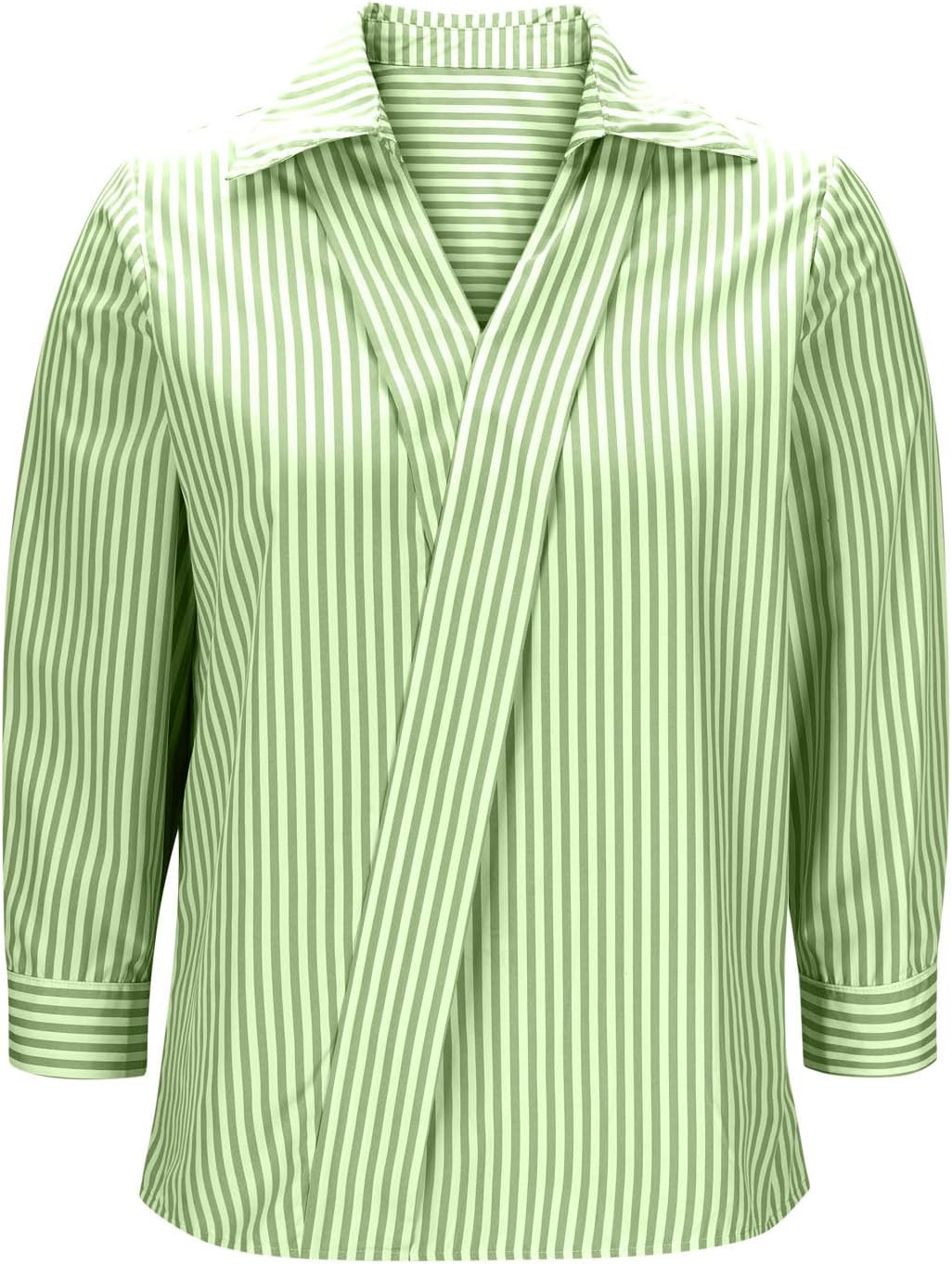 Womens Striped Tops 3/4 Length Sleeve V Neck Loose Business Casual T Shirts Spring Summer Clothes Outfits