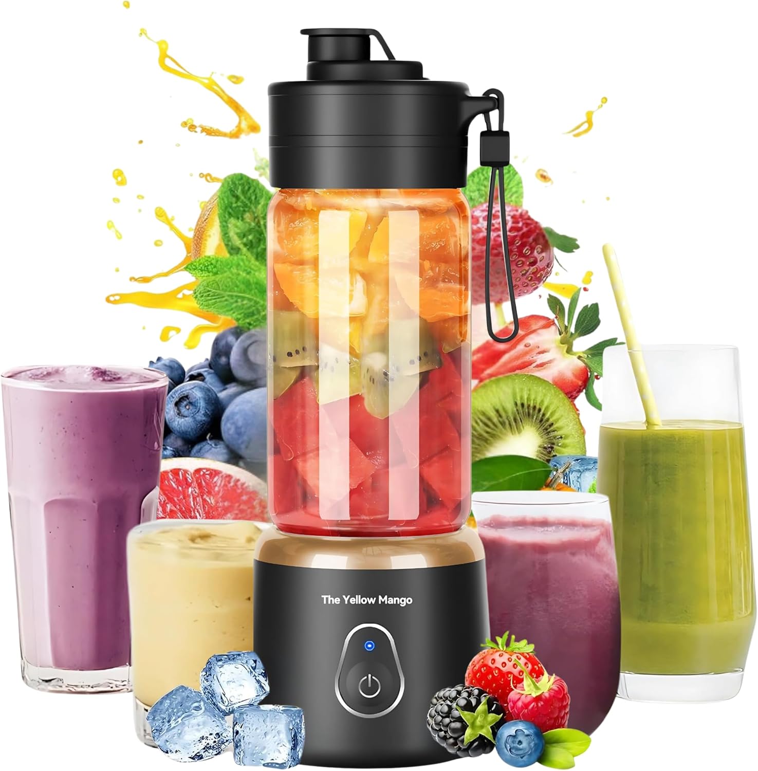 Persoonlijke draagbare blender voor shakes en smoothies, 500 ml glazen persoonlijke blenderbeker, 12 roestvrijstalen messen, USB Type C oplaadbaar, voor smoothies, sappen, babyvoeding en eiwitshakes (zwart)
