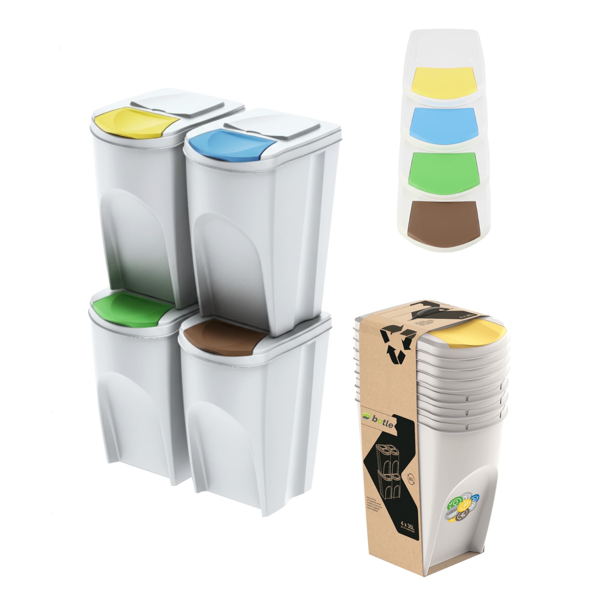 botle Set di 4 bidoni della spazzatura – Set composto da 4 x 35 l di pattumiera, colore bianco, impilabile, compatto biometrico modulare e leggero, facile da ordinare i rifiuti domestici in plastica