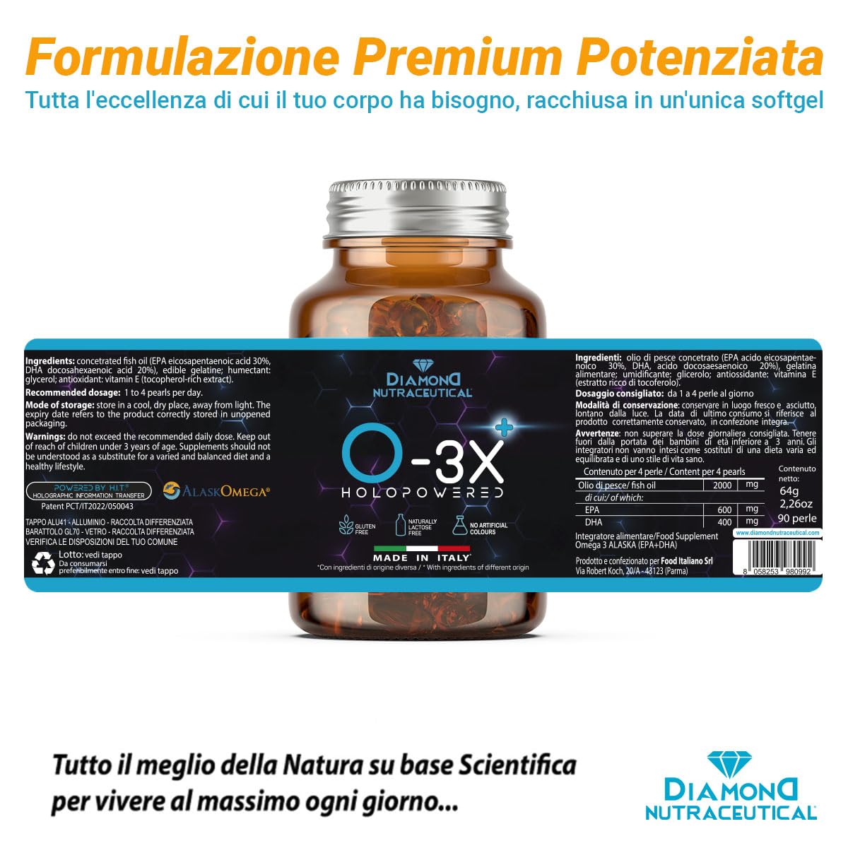 DIAMOND O-3X | Omega 3 Alaska Potenziato da Olio di Pesce Selvaggio Ultra Puro Distillazione Molecolare a Freddo Senza Retrogusto | Alta Concentrazione EPA+DHA - 90 Softgel