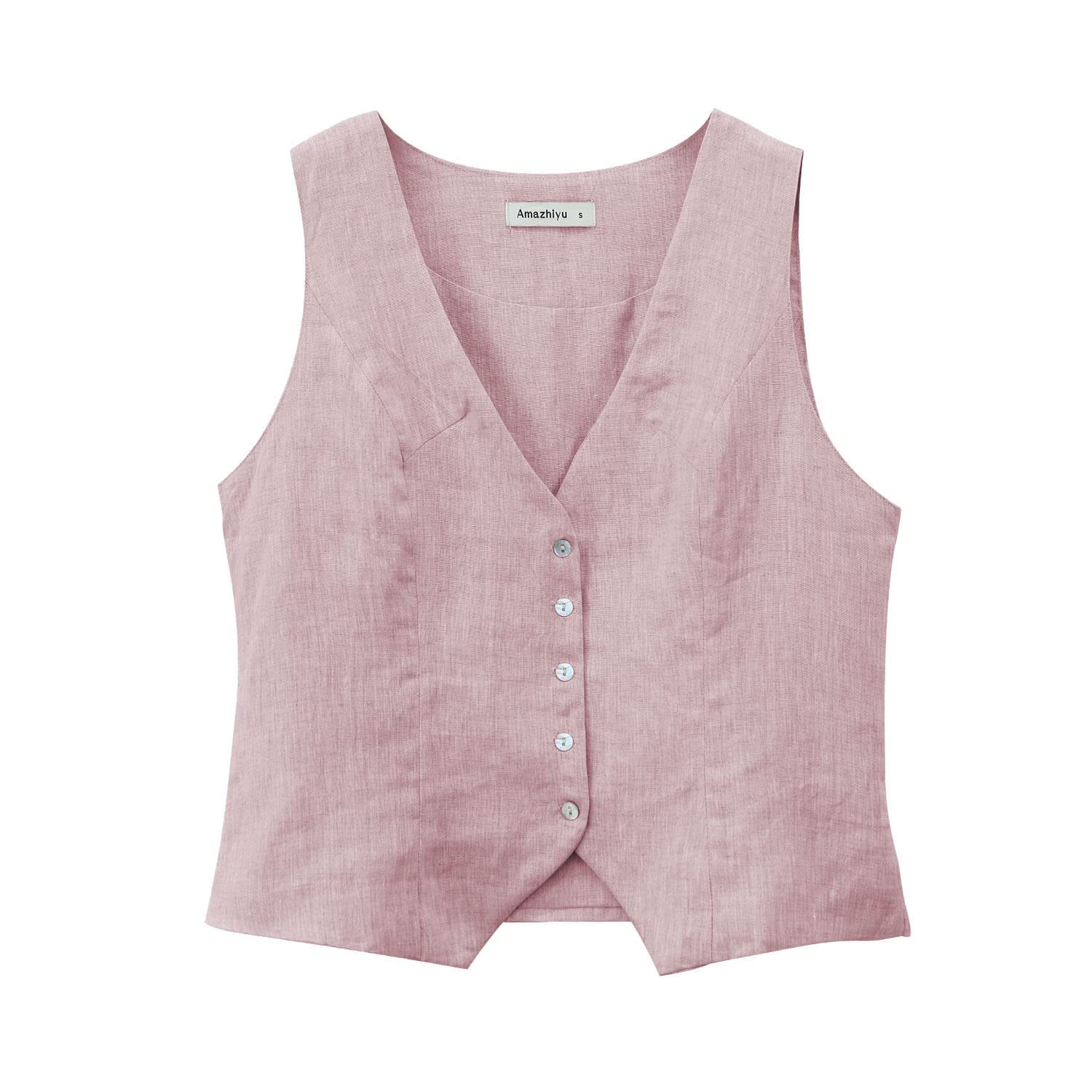 Amazhiyu Chaleco de lino puro para mujer, sin mangas, con botones, cuello en V, chaleco de verano, chaleco con correa ajustable